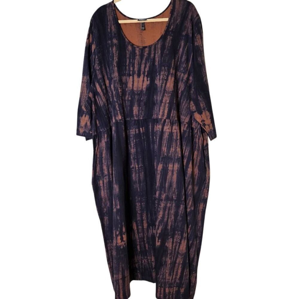 Ulla Popken tye dyed cotton dress, navy and tan. 6X